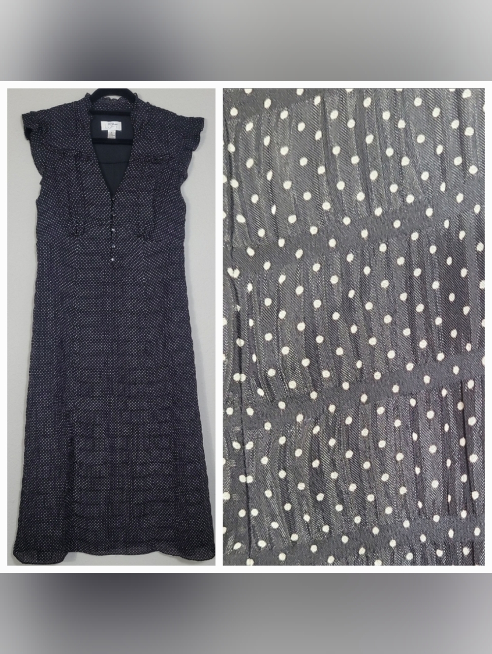 Vintage LOFT Ann Taylor Micro Polka Dot Dress Size 0 XS Black Sheer Ruffle